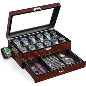 BEWISHOME Watch Box Organizer 12 Slot Glass Top Jewelry Drawer for Men